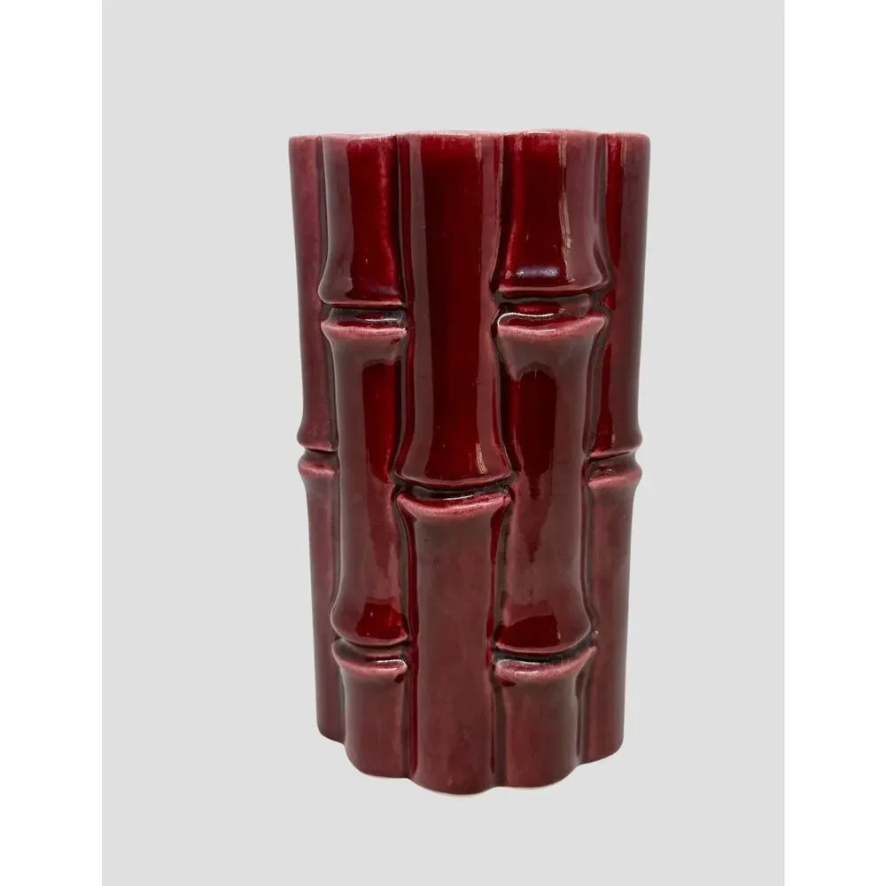 Red Wing USA Burgundy Bamboo Ceramic 7.5” Tall Vase #400 Light Grey interior VTG